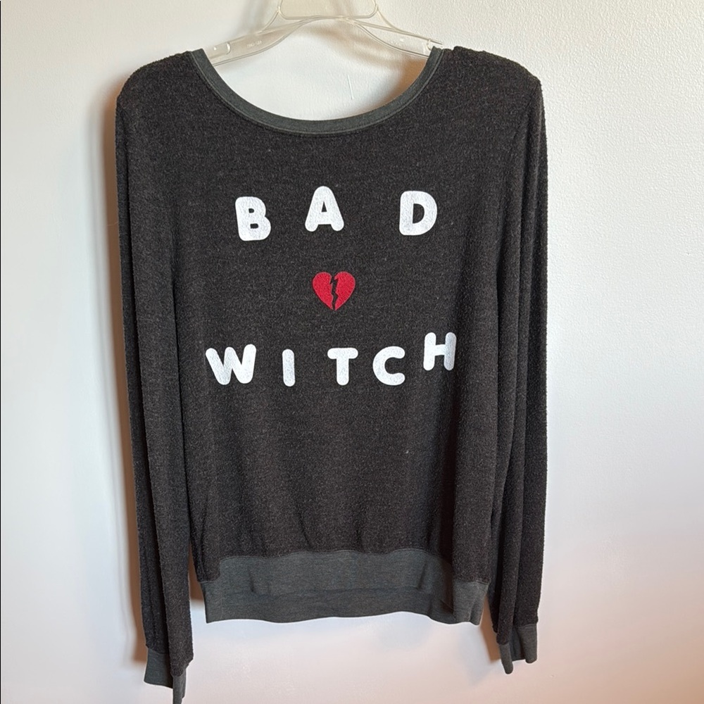 Wildfox Black 'Bad Witch' Factory distressed “inside out” sweatshirt, Sz M